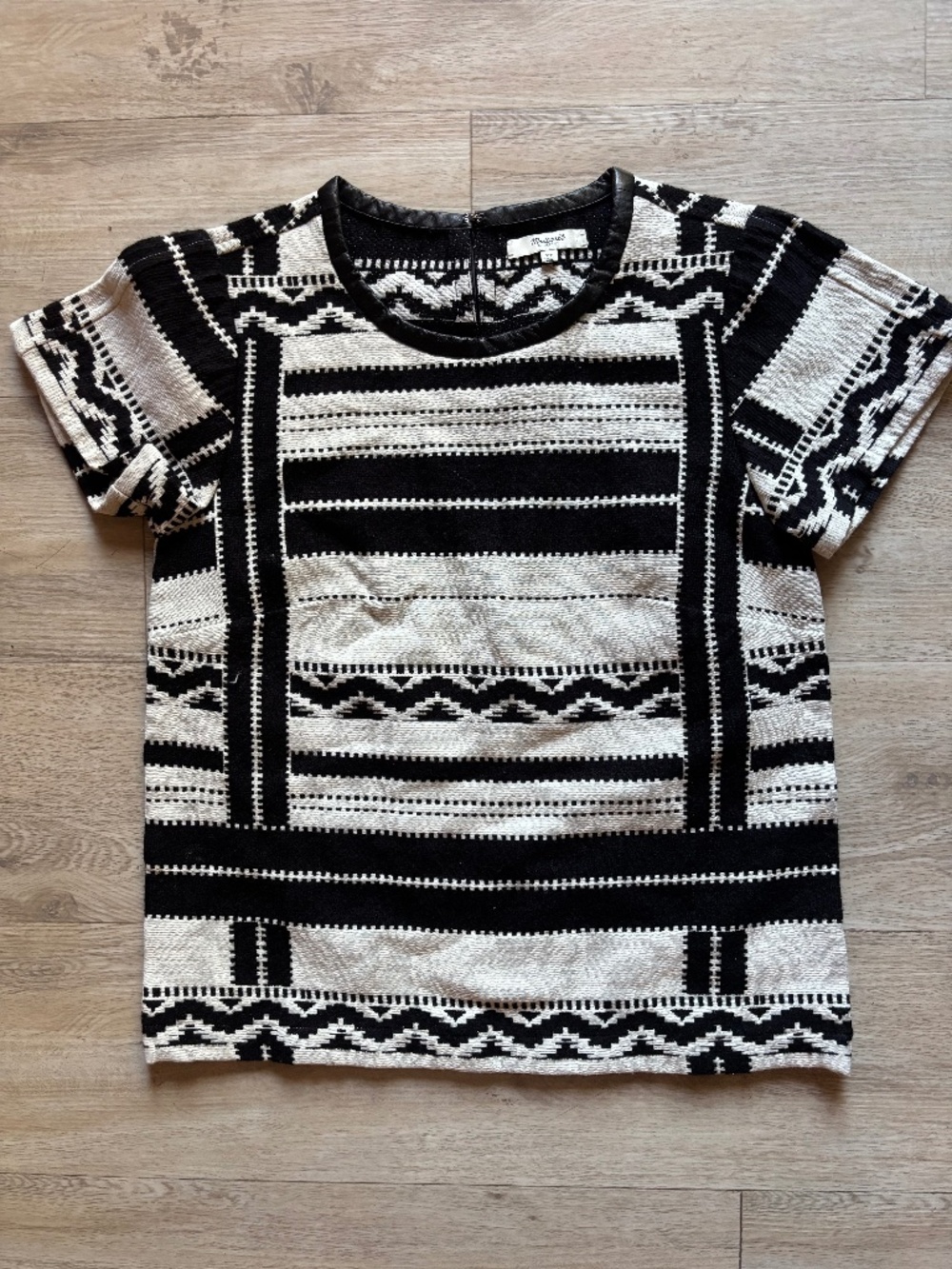 Madewell Aztec Woven Top Black cream Leather Trim